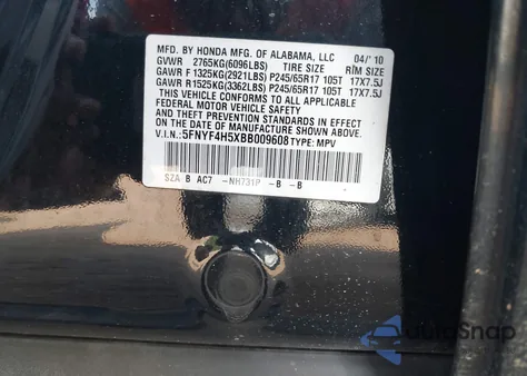 2011 Honda Pilot Ex-L from USA, damaged, VIN 5FNYF4H5XBB009608